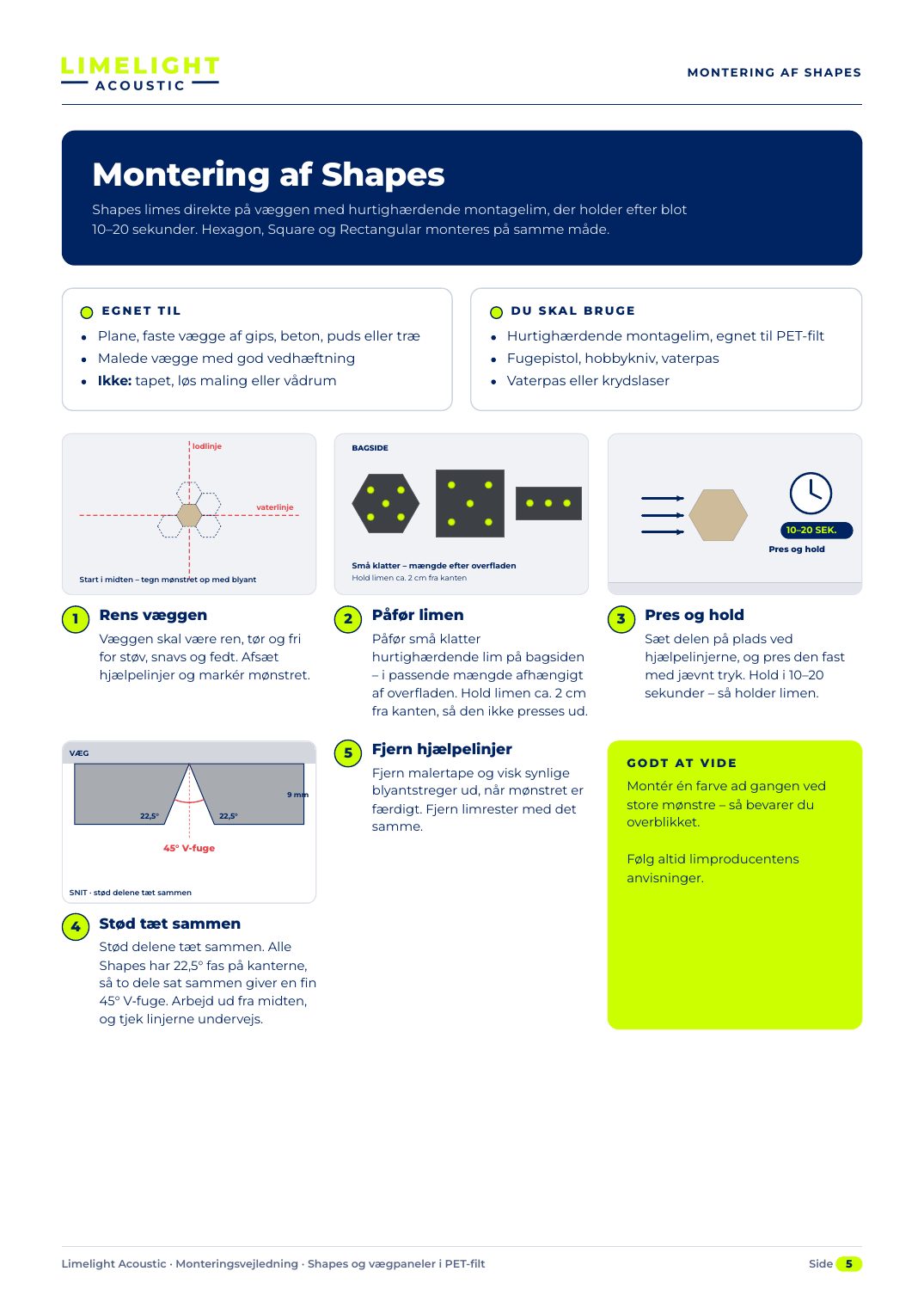 MONTERING AF SHAPES · Montering af Shapes Shapes limes direkte på væggen med hurtighærdende montagelim, der holder efter blot 10–20 sekunder. Hexagon, Square og Rectangular monteres på samme måde. · EGNET TIL